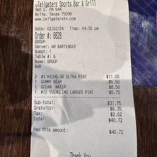 My receipt- $40 for 2 shots and 3 beers.