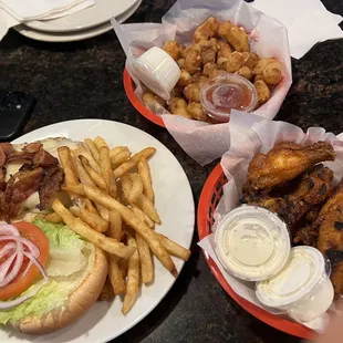 My favorites - honey bacon chicken sandwich, grilled honey hot wings, and cheese curds!