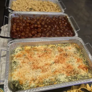 Spinach dip, sweet and spicy meatballs, Cajun chicken pasta