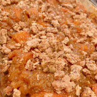 Sweet potatoes with candied pecan topping