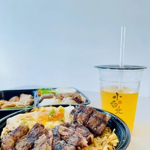 Fried Pork Chop Bento Noodle with Black Pepper Sauce + Meat (Sweet Short Ribs) Passion Fruit Green Tea