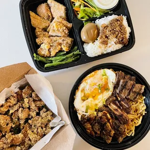 Fried Pork Chop Bento Popcorn Chicken Noodle with Black Pepper Sauce + Meat (Sweet Short Ribs)