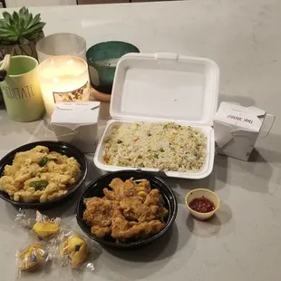 a variety of food items on a table