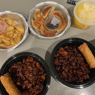 Spicy Scallion chicken. Pork Egg Rolls. Pan Fried Dumplings. Crab Rangoon. Egg drop Soup.