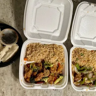 three take out containers of food