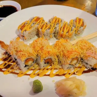 Samurai Roll and Spicy Tuna Roll with crunchies.