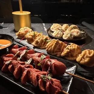 Spicy sausage, deep fried dumplings, pan fried dumplings