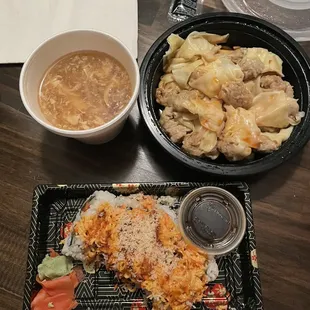 Volcano roll, dumplings, hot sour soup