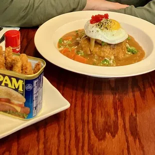 Curry loco moco and Spam fries