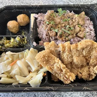 Taiwanese Fried Chicken Bento with stewed pork and fried pork balls