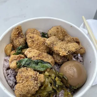 Basil Popcorn Chicken Bowl w/ braised egg (fave)