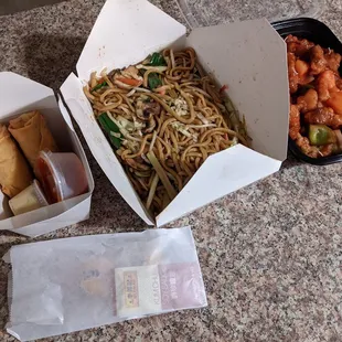 Veggie egg rolls, veggie chow mein, and sweet and sour pork