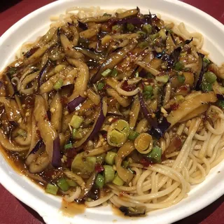 Garlic Eggplant Over Noodles