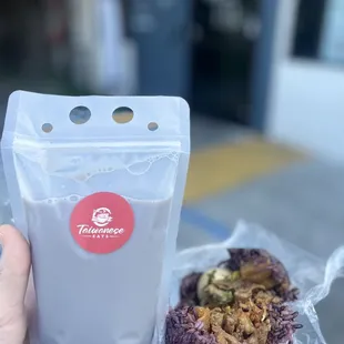 Black soy milk &amp; purple sticky rice roll with braised pork, pork floss, chinese fried dough &amp; mustard greens.