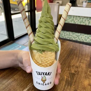 Red bean filling with matcha soft serve