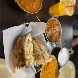 a table full of food and drinks