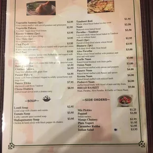 Appetizer, tandoori bread, soup &amp; side orders