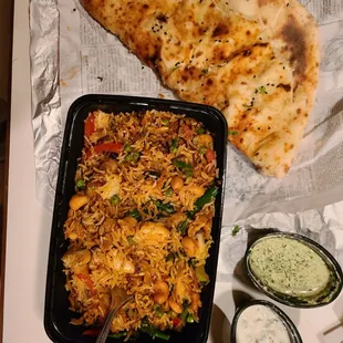 Vegetable biryani,  garlic Naan