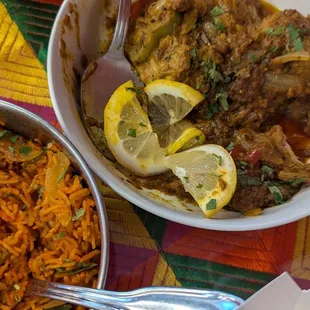 Chicken biryani and punjabi chicken.