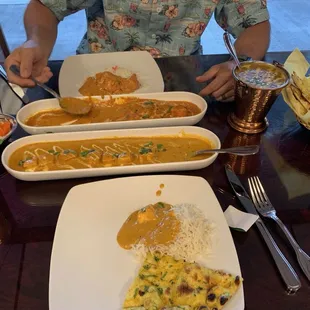 Chicken Tikka Masala, Paneer Tikka Masala, Dal Makhani, Plain Rice, Garlic Naan, Taj Spicy Naan.