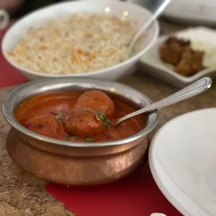 Mali Kafta (I&apos;ve probably spelled it wrong) with jasmine rice. Veggie pakora in the background.