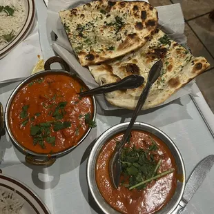Lamb Tikka Masala, Butter Chicken, Garlic Naan Bread