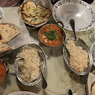 Butter Chicken, Chicken Tikka Masala, Garlic Naan, Paneer Naan, Roti, Bastami Rice