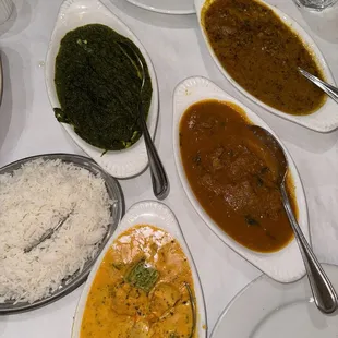 Sag Panner, Lamb Curry, chicken tika masala, brown dal