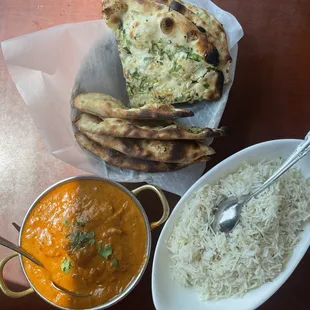 Chicken Tikka Masala, Garlic Naan Bread, and Basmati Rice