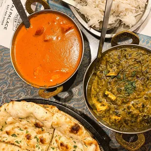 Saag paneer, Chicken Tikka Masala, Garlic Naan