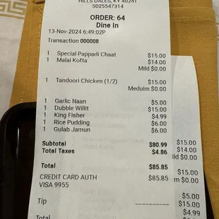 The damage. Not bad for drinks, apps, entrees and desserts.