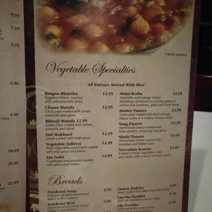 the menu of the restaurant