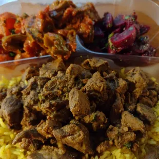 Beef, rice, carrots, beets, and peppers