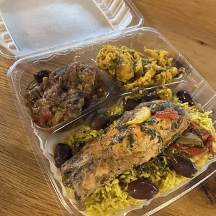 Salmon, basmati rice, eggplant, cauliflower