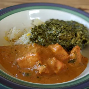 Chicken Tikka Masala, Chicken Saag and Saffron Rice. Heaven in a bowl.