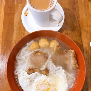 3 item noodle soup: pork chop fried egg fish balls Hong Kong Style Milk Tea