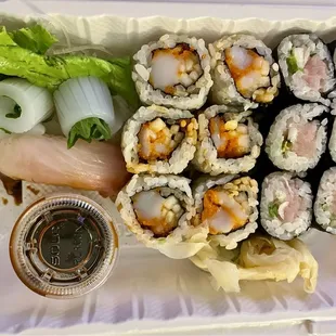 Spicy scallop roll, yellow tail scallion roll, ika sashimi &amp; kanpachi sushi