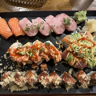 Variety of nigiri and rolls
