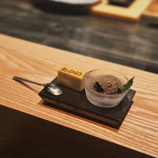 Takai stamped tamago with hojicha icecream