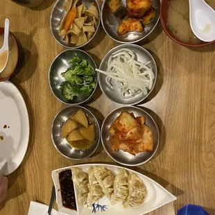 Banchan, miso soup, &amp; gyoza