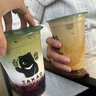 Strawberry matcha and brown sugar pudding latte