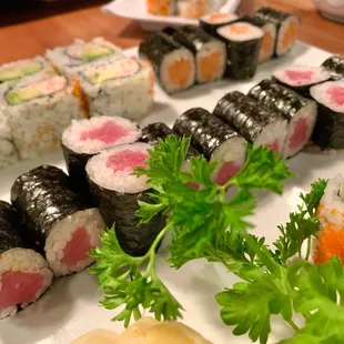 Plate of assorted sushi rolls