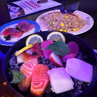 Misc. sashimi and fried rice