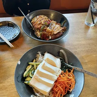 Pork Katsu don ($20) and Tofu Bibimbab ($16)