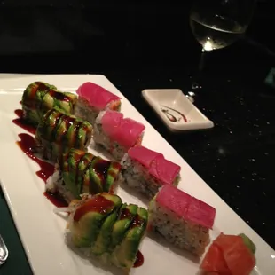 Enjoying 1/2 price green river and red dragon rolls. Every Wednesday select rolls are 1/2 price.