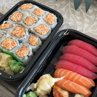 Spicy crab roll and red tuna/salmon nigiri