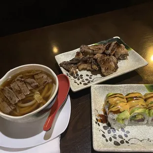 Udon beef soup, Korean bbq short ribs, 11. Mexican Roll
