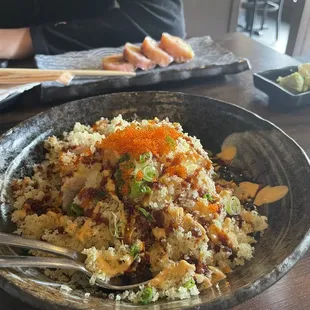 Volcano Roll (rolls hiding in the "volcano") &amp; Summer Roll in the background.