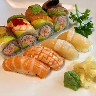 Rainbow Roll and Salmon Belly/Hotate nigiri a la carte
