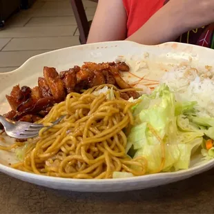 Spicy chicken, veggie yakisoba and rice with a side salad  (Half eaten obviously) lol